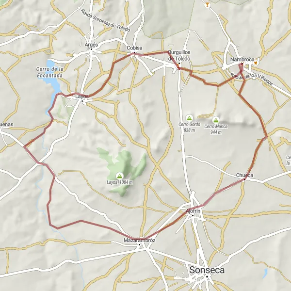 Miniatura mapy "Trasa szutrowa z Nambroca do Burguillos de Toledo" - trasy rowerowej w Castilla-La Mancha, Spain. Wygenerowane przez planer tras rowerowych Tarmacs.app