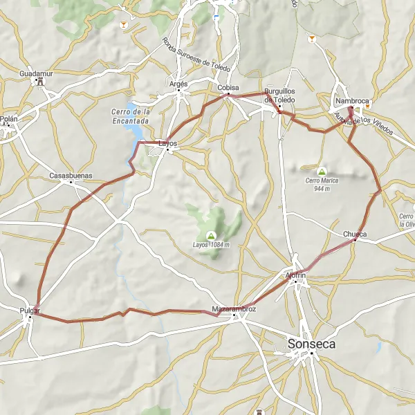 Map miniature of "Gravel Route to Pulgar" cycling inspiration in Castilla-La Mancha, Spain. Generated by Tarmacs.app cycling route planner