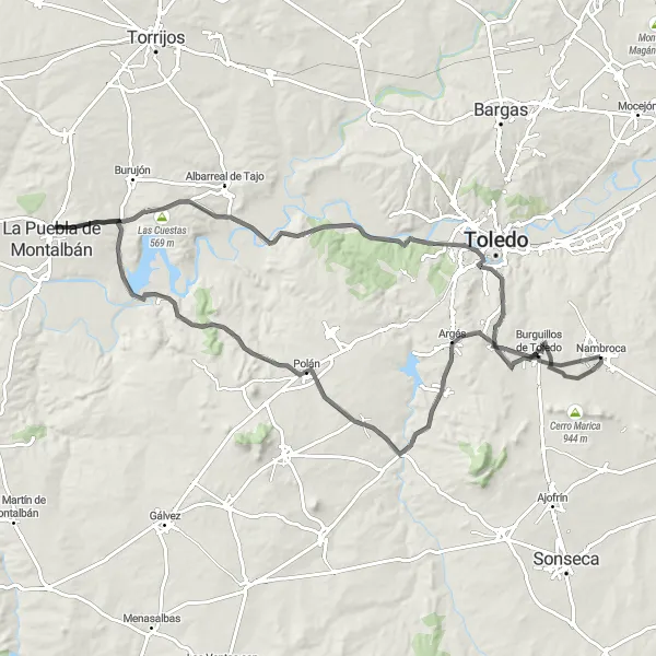 Miniaturekort af cykelinspirationen "100 km Road Cycling Loop from Nambroca" i Castilla-La Mancha, Spain. Genereret af Tarmacs.app cykelruteplanlægger