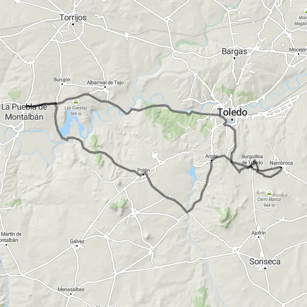 Map miniature of "Road Tour to Nambroca and Beyond" cycling inspiration in Castilla-La Mancha, Spain. Generated by Tarmacs.app cycling route planner