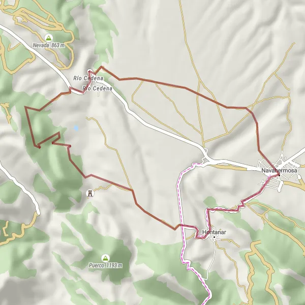 Miniatua del mapa de inspiración ciclista "Ruta en bicicleta de gravel cerca de Navahermosa" en Castilla-La Mancha, Spain. Generado por Tarmacs.app planificador de rutas ciclistas