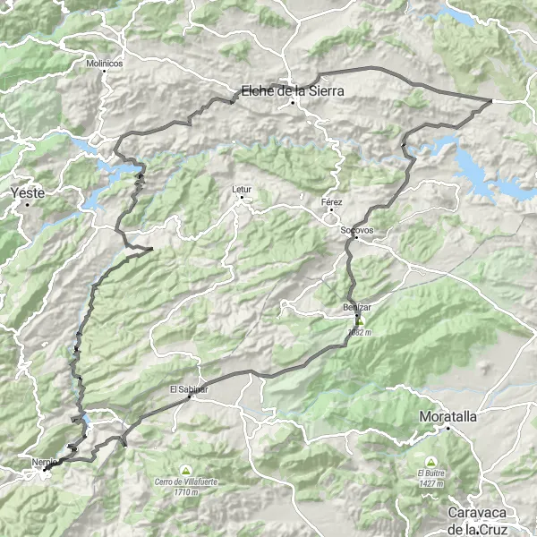 Miniatua del mapa de inspiración ciclista "Ruta a Elche de la Sierra y Socovos desde Nerpio" en Castilla-La Mancha, Spain. Generado por Tarmacs.app planificador de rutas ciclistas