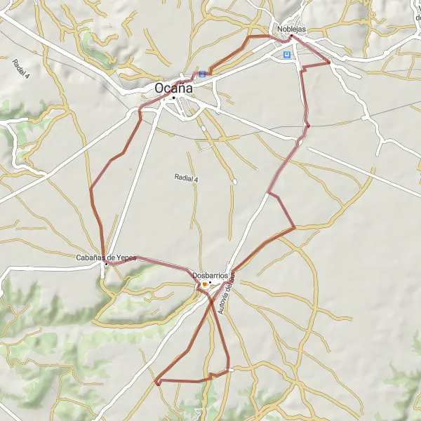 Miniatua del mapa de inspiración ciclista "Ruta Gravel a Dosbarrios desde Noblejas" en Castilla-La Mancha, Spain. Generado por Tarmacs.app planificador de rutas ciclistas