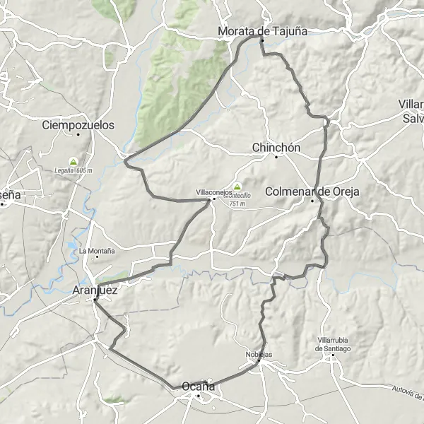 Miniatua del mapa de inspiración ciclista "Ruta a Ontígola desde Noblejas" en Castilla-La Mancha, Spain. Generado por Tarmacs.app planificador de rutas ciclistas