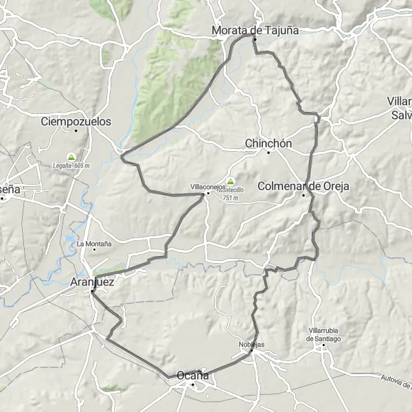 Map miniature of "A Hundred Kilometers to Glory" cycling inspiration in Castilla-La Mancha, Spain. Generated by Tarmacs.app cycling route planner