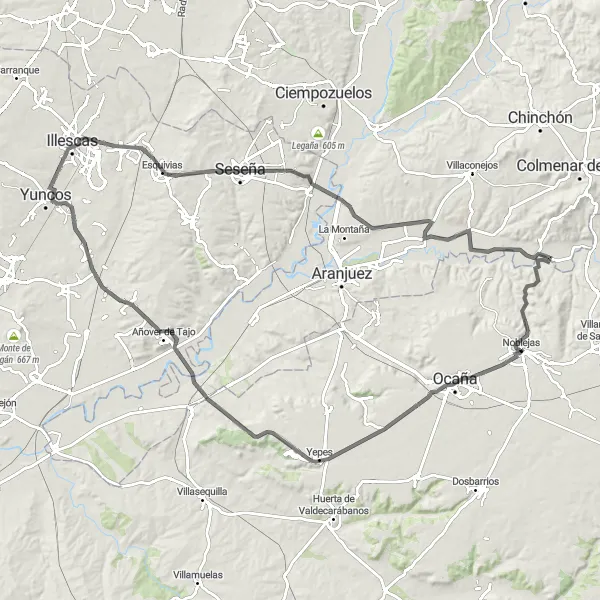 Miniatua del mapa de inspiración ciclista "Ruta en bicicleta de carretera desde Noblejas" en Castilla-La Mancha, Spain. Generado por Tarmacs.app planificador de rutas ciclistas