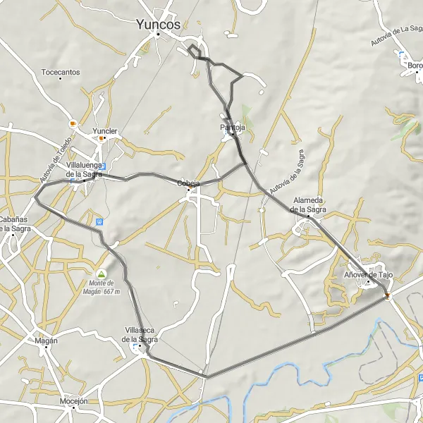 Map miniature of "Numancia de la Sagra Circular Road Route" cycling inspiration in Castilla-La Mancha, Spain. Generated by Tarmacs.app cycling route planner