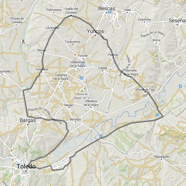 Map miniature of "Numancia de la Sagra to Olías del Rey Road Challenge" cycling inspiration in Castilla-La Mancha, Spain. Generated by Tarmacs.app cycling route planner