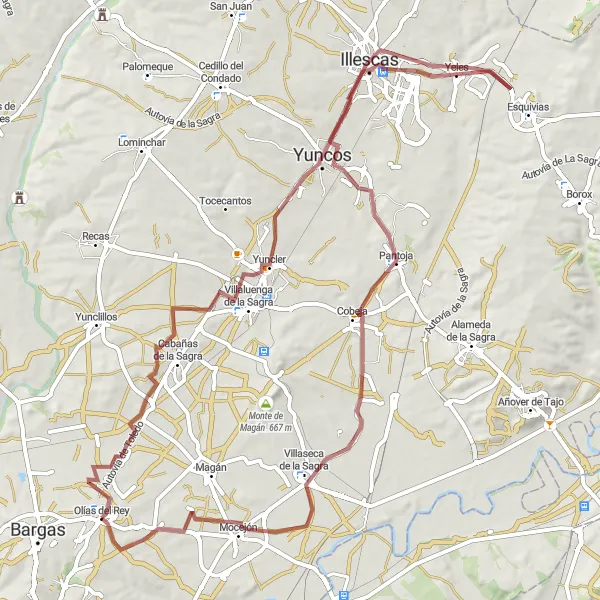 Miniatua del mapa de inspiración ciclista "Emocionante ruta de gravilla cerca de Olías del Rey" en Castilla-La Mancha, Spain. Generado por Tarmacs.app planificador de rutas ciclistas