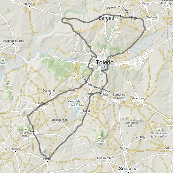 Miniatua del mapa de inspiración ciclista "Ruta de Carretera en Olías del Rey" en Castilla-La Mancha, Spain. Generado por Tarmacs.app planificador de rutas ciclistas