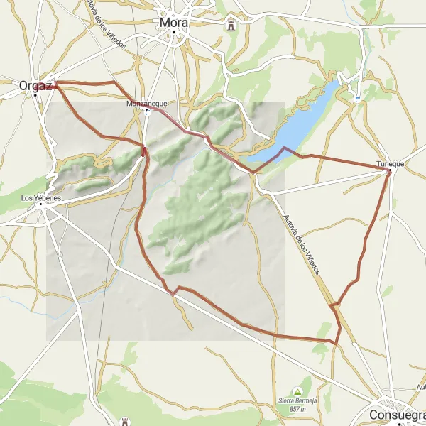 Map miniature of "Orgaz to Turleque Gravel Route" cycling inspiration in Castilla-La Mancha, Spain. Generated by Tarmacs.app cycling route planner