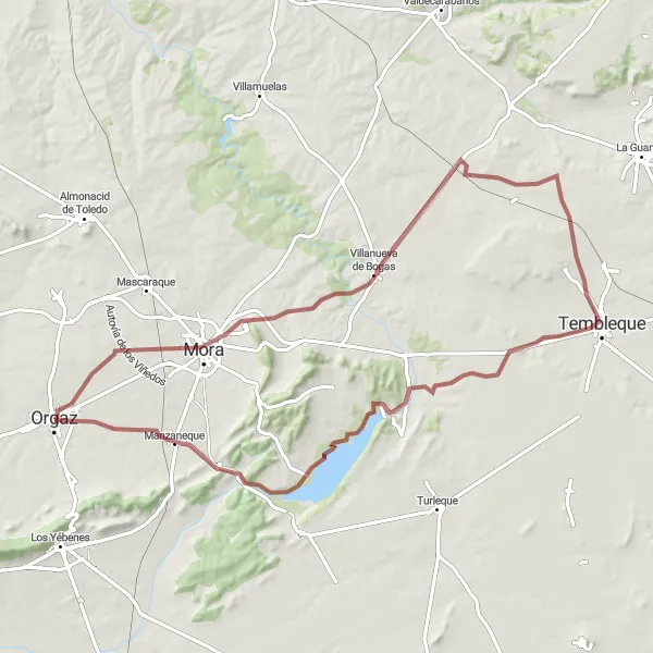 Map miniature of "Orgaz to Villanueva de Bogas via Embalse Finisterre" cycling inspiration in Castilla-La Mancha, Spain. Generated by Tarmacs.app cycling route planner