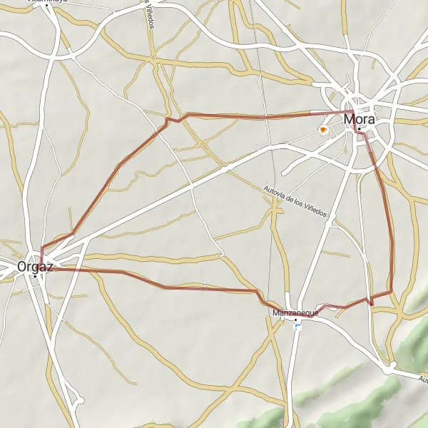 Map miniature of "Orgaz to Manzaneque Gravel Route" cycling inspiration in Castilla-La Mancha, Spain. Generated by Tarmacs.app cycling route planner