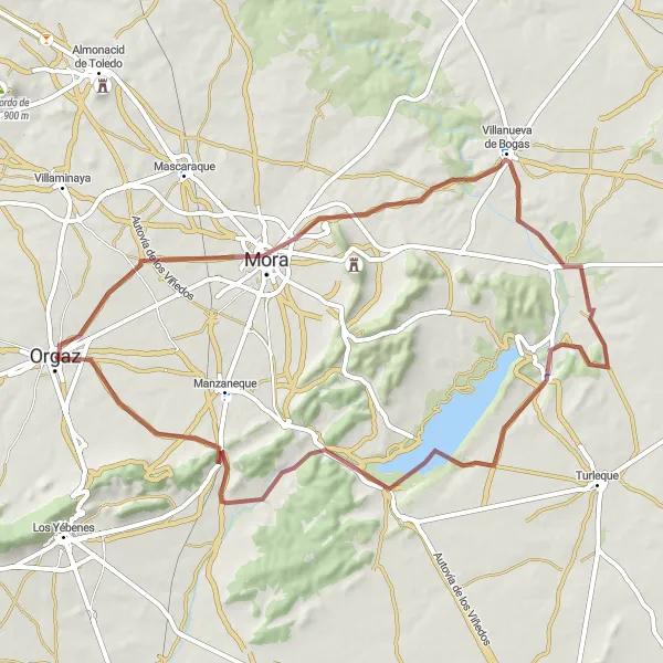 Map miniature of "Orgaz to Villanueva de Bogas Gravel Route" cycling inspiration in Castilla-La Mancha, Spain. Generated by Tarmacs.app cycling route planner