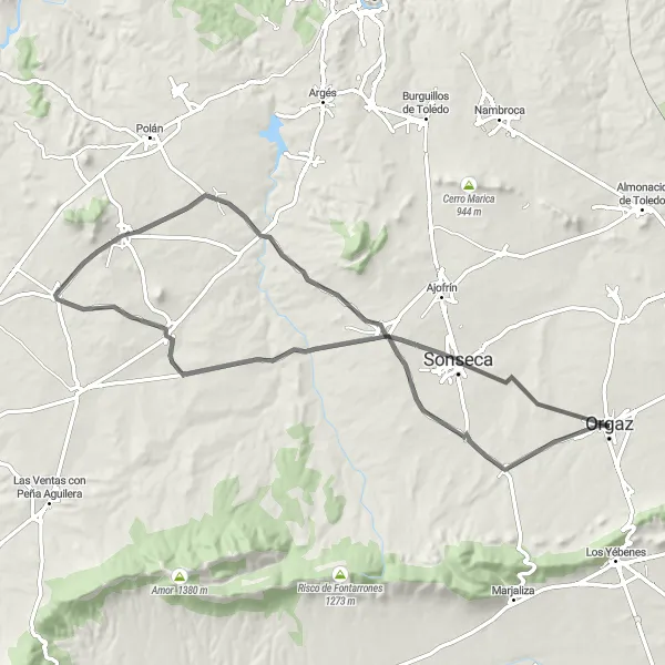 Map miniature of "Orgaz to Castillo de Orgaz via Sonseca" cycling inspiration in Castilla-La Mancha, Spain. Generated by Tarmacs.app cycling route planner