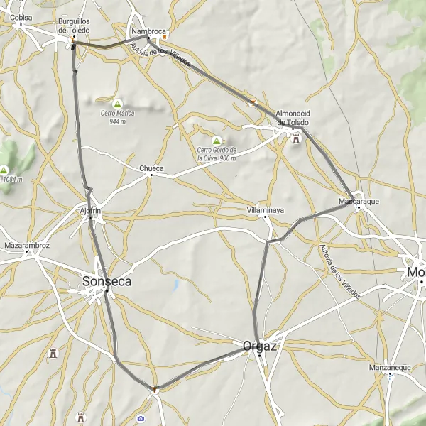 Miniaturekort af cykelinspirationen "Rundtur på landevejscykling i nærheden af Orgaz" i Castilla-La Mancha, Spain. Genereret af Tarmacs.app cykelruteplanlægger