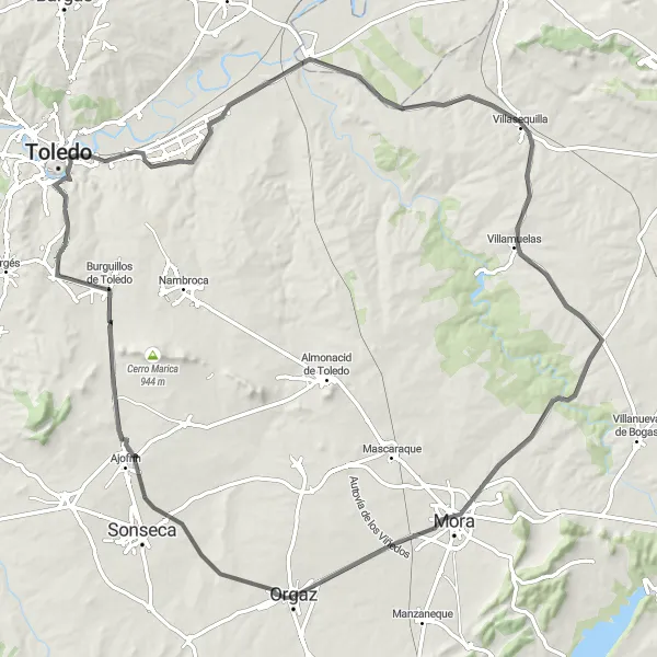 Map miniature of "Orgaz to Mora via Algodor" cycling inspiration in Castilla-La Mancha, Spain. Generated by Tarmacs.app cycling route planner