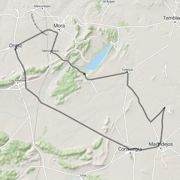 Map miniature of "Orgaz to Molinos de Viento del Cerro Calderico" cycling inspiration in Castilla-La Mancha, Spain. Generated by Tarmacs.app cycling route planner