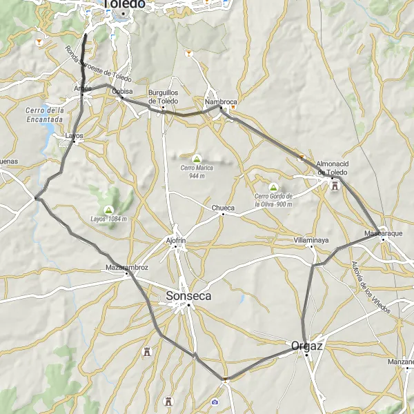 Map miniature of "Orgaz to Castillo de Almonacid Road Route" cycling inspiration in Castilla-La Mancha, Spain. Generated by Tarmacs.app cycling route planner