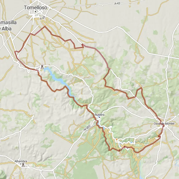 Miniatuurkaart van de fietsinspiratie "Avontuurlijke Gravelroute rondom Ossa de Montiel" in Castilla-La Mancha, Spain. Gemaakt door de Tarmacs.app fietsrouteplanner