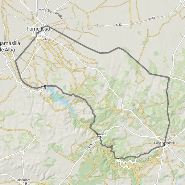 Miniatua del mapa de inspiración ciclista "Ruta de las Lagunas de Ruidera y Castillo de Peñarroya" en Castilla-La Mancha, Spain. Generado por Tarmacs.app planificador de rutas ciclistas