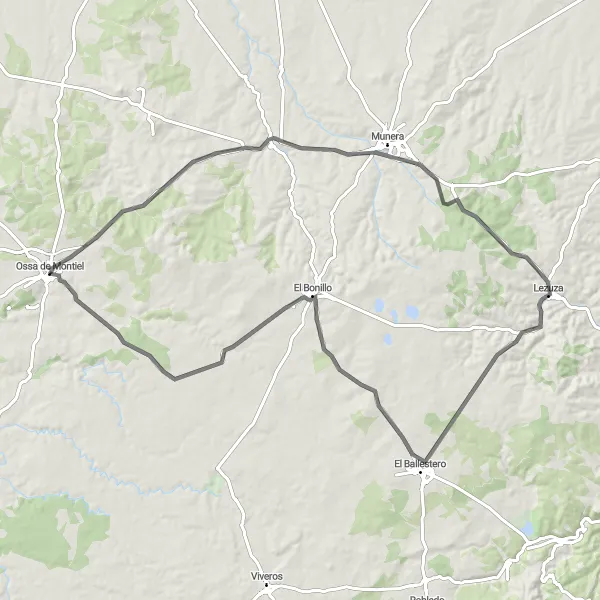 Miniatua del mapa de inspiración ciclista "Ruta Asfáltica a Ossa de Montiel" en Castilla-La Mancha, Spain. Generado por Tarmacs.app planificador de rutas ciclistas