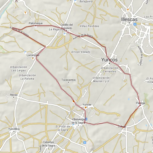 Miniatua del mapa de inspiración ciclista "Excursión corta por caminos de grava hasta Pantoja" en Castilla-La Mancha, Spain. Generado por Tarmacs.app planificador de rutas ciclistas