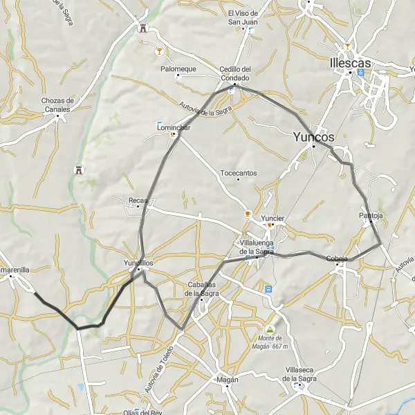 Map miniature of "Pantoja Loop via Villaluenga de la Sagra, Yunclillos, and Yuncos" cycling inspiration in Castilla-La Mancha, Spain. Generated by Tarmacs.app cycling route planner