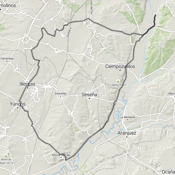 Miniatura mapy "Szlak przez Vallequillas i San Martín de la Vega" - trasy rowerowej w Castilla-La Mancha, Spain. Wygenerowane przez planer tras rowerowych Tarmacs.app