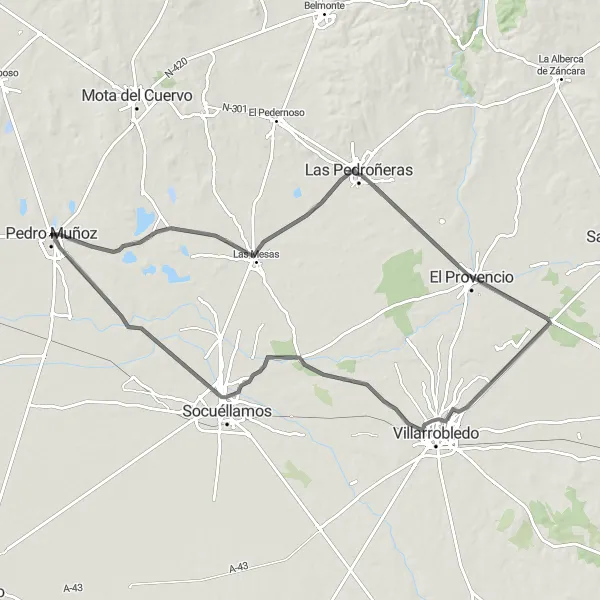 Miniatuurkaart van de fietsinspiratie "Toertocht naar Las Pedroñeras en El Provencio" in Castilla-La Mancha, Spain. Gemaakt door de Tarmacs.app fietsrouteplanner