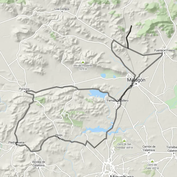 Miniatua del mapa de inspiración ciclista "Ruta de los Molinos de Viento" en Castilla-La Mancha, Spain. Generado por Tarmacs.app planificador de rutas ciclistas