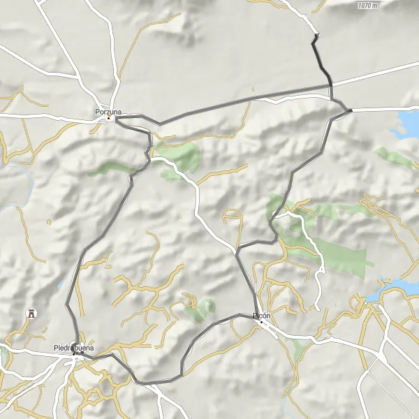 Miniatuurkaart van de fietsinspiratie "63 km Road Cycling Excursion near Piedrabuena" in Castilla-La Mancha, Spain. Gemaakt door de Tarmacs.app fietsrouteplanner