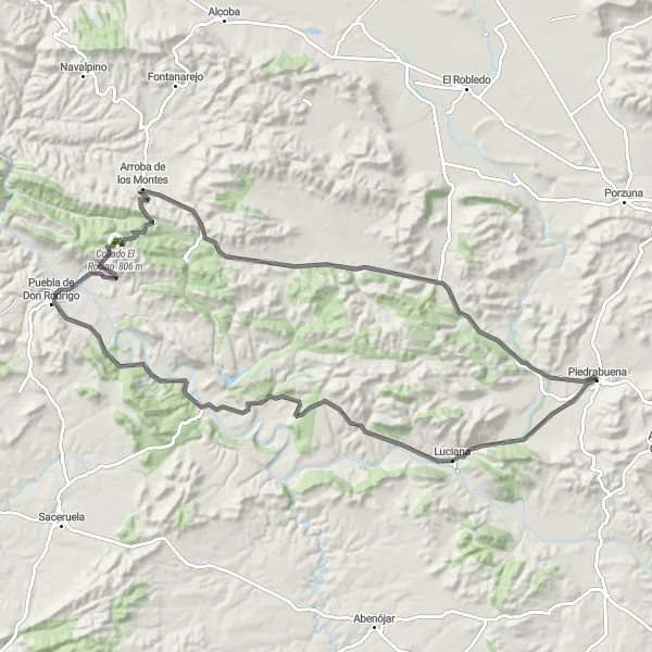 Map miniature of "Discovering Puebla de Don Rodrigo" cycling inspiration in Castilla-La Mancha, Spain. Generated by Tarmacs.app cycling route planner