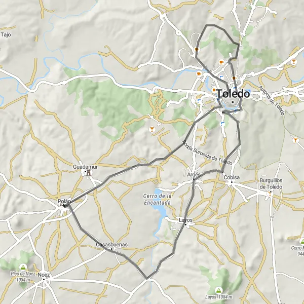 Map miniature of "Polán to Toledo Loop" cycling inspiration in Castilla-La Mancha, Spain. Generated by Tarmacs.app cycling route planner