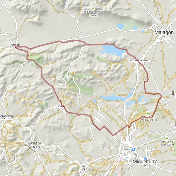 Miniatua del mapa de inspiración ciclista "Exploración en Grava hacia Porzuna" en Castilla-La Mancha, Spain. Generado por Tarmacs.app planificador de rutas ciclistas