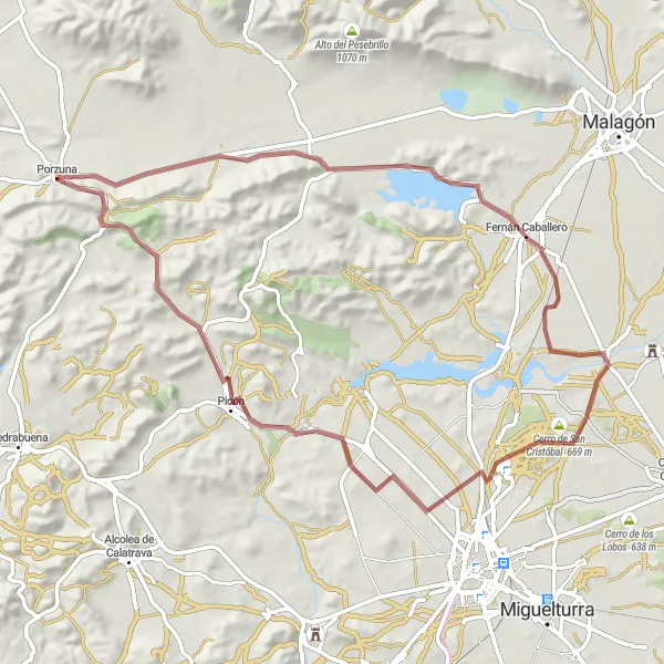 Map miniature of "Gravel Ride through Fernán Caballero" cycling inspiration in Castilla-La Mancha, Spain. Generated by Tarmacs.app cycling route planner