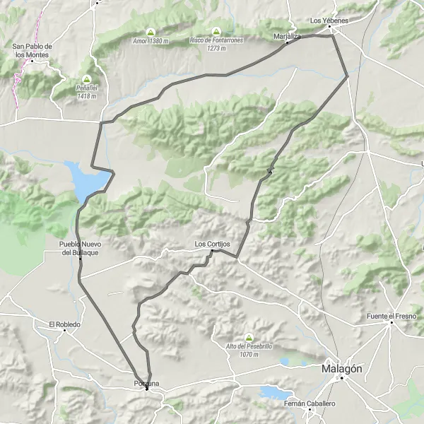 Map miniature of "Picturesque Route to Pueblo Nuevo del Bullaque" cycling inspiration in Castilla-La Mancha, Spain. Generated by Tarmacs.app cycling route planner