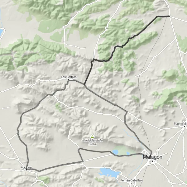 Map miniature of "Porzuna Road Trip" cycling inspiration in Castilla-La Mancha, Spain. Generated by Tarmacs.app cycling route planner