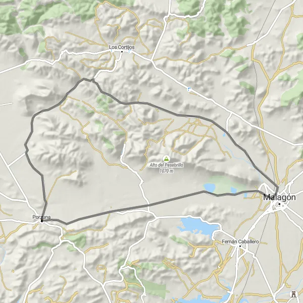 Miniaturekort af cykelinspirationen "Porzuna til Malagón kortere cykelrute" i Castilla-La Mancha, Spain. Genereret af Tarmacs.app cykelruteplanlægger