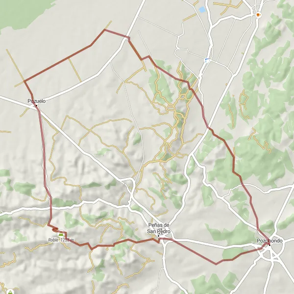 Map miniature of "Pozohondo - Peñas de San Pedro Gravel Route" cycling inspiration in Castilla-La Mancha, Spain. Generated by Tarmacs.app cycling route planner