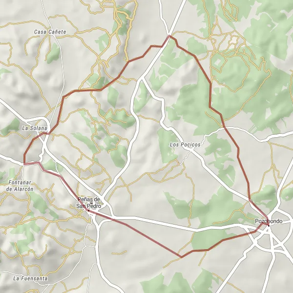 Map miniature of "Scenic Gravel Ride to Pozohondo" cycling inspiration in Castilla-La Mancha, Spain. Generated by Tarmacs.app cycling route planner