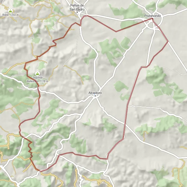 Miniatuurkaart van de fietsinspiratie "Gravelavontuur van Pozohondo naar Peñas de San Pedro" in Castilla-La Mancha, Spain. Gemaakt door de Tarmacs.app fietsrouteplanner
