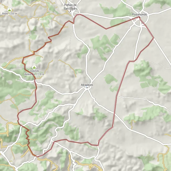 Map miniature of "Gravel Expedition to Peñas de San Pedro and Castillo" cycling inspiration in Castilla-La Mancha, Spain. Generated by Tarmacs.app cycling route planner