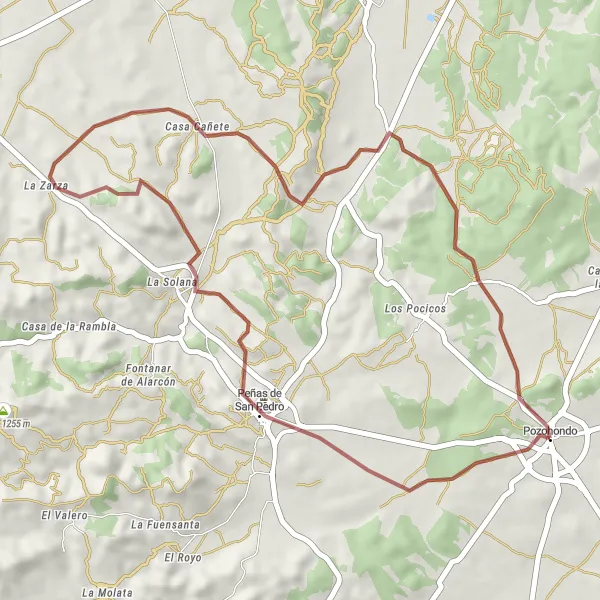 Map miniature of "Gravel Adventure to Peñas de San Pedro" cycling inspiration in Castilla-La Mancha, Spain. Generated by Tarmacs.app cycling route planner
