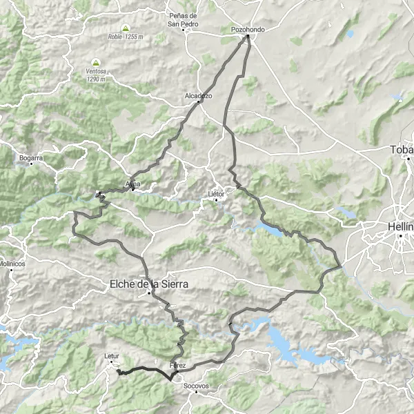 Miniatuurkaart van de fietsinspiratie "Fietsavontuur door Elche de la Sierra en Aýna" in Castilla-La Mancha, Spain. Gemaakt door de Tarmacs.app fietsrouteplanner