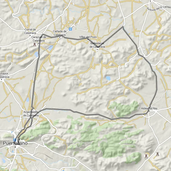 Miniatuurkaart van de fietsinspiratie "Rondrit vanuit Puertollano via Argamasilla de Calatrava, Villar del Pozo, Aldea del Rey, en Puertollano" in Castilla-La Mancha, Spain. Gemaakt door de Tarmacs.app fietsrouteplanner