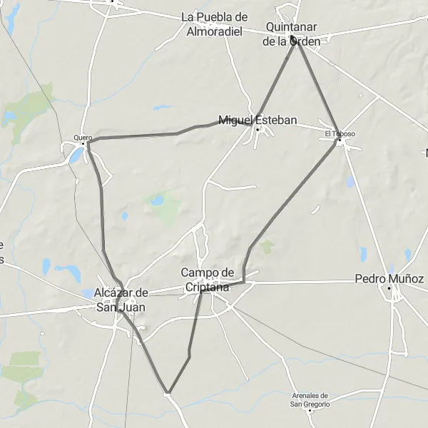 Miniatura mapy "Trasa rowerowa: El Toboso - Campo de Criptana - Torreón de Don Juan de Austría - Quero - Quintanar de la Orden" - trasy rowerowej w Castilla-La Mancha, Spain. Wygenerowane przez planer tras rowerowych Tarmacs.app