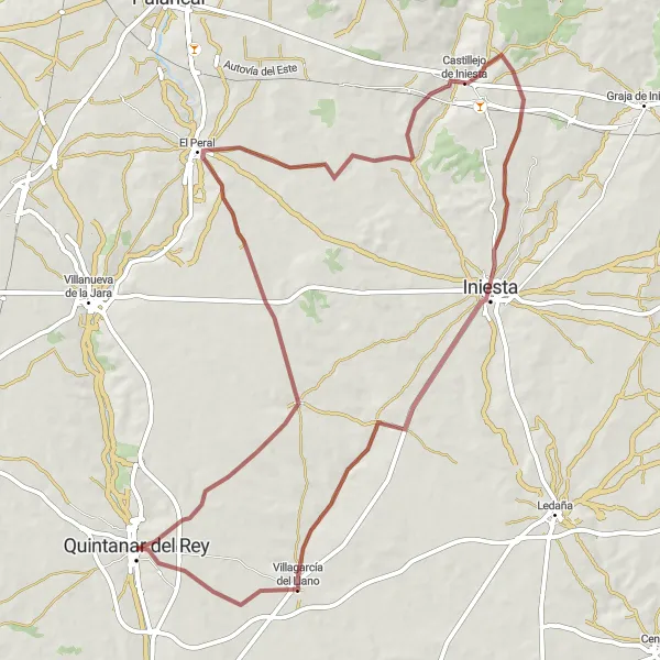 Miniatuurkaart van de fietsinspiratie "Gravelroute naar Iniesta" in Castilla-La Mancha, Spain. Gemaakt door de Tarmacs.app fietsrouteplanner