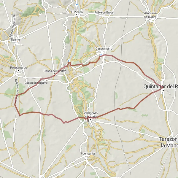 Miniaturekort af cykelinspirationen "Natur og grusveje rundt om Quintanar del Rey" i Castilla-La Mancha, Spain. Genereret af Tarmacs.app cykelruteplanlægger