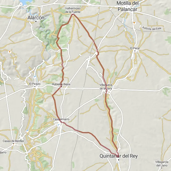 Miniatua del mapa de inspiración ciclista "Explora la ruta de gravel cerca de Quintanar del Rey" en Castilla-La Mancha, Spain. Generado por Tarmacs.app planificador de rutas ciclistas